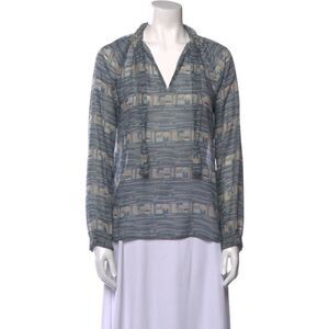 Calypso St Barth Ruffle Neck Popover Blouse Tie Neck  Mint / Beige Small‎